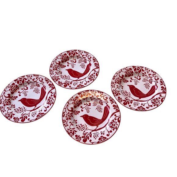 Set Of 4 Pier 1 Bird & Floral Red/White Stoneware Salad Plates Boho Excellent UC - Picture 6 of 7
